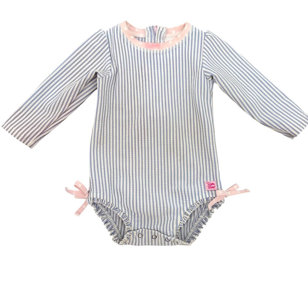 RuffleButts Baby Girl‎ Blue Seersucker Striped LS One Piece Swimsuit 12-18M